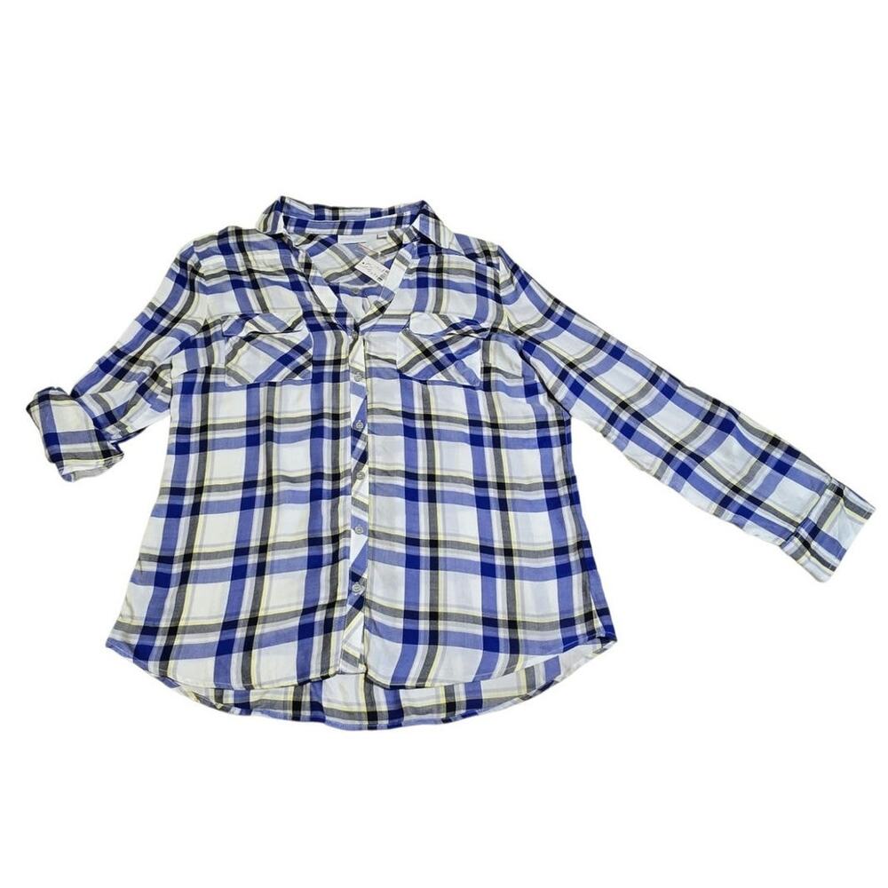 NWT New York & Co Womens Lightweight Plaid Roll Up Long Sleeve Button Shirt XL